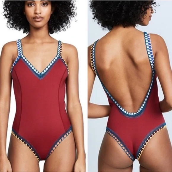KIINI Burgundy One-Piece with Blue and Yellow Trim - Picture 1 of 2